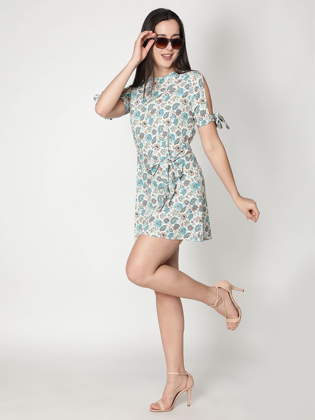 Aurtich White & Blue Floral Crepe Mini Dress