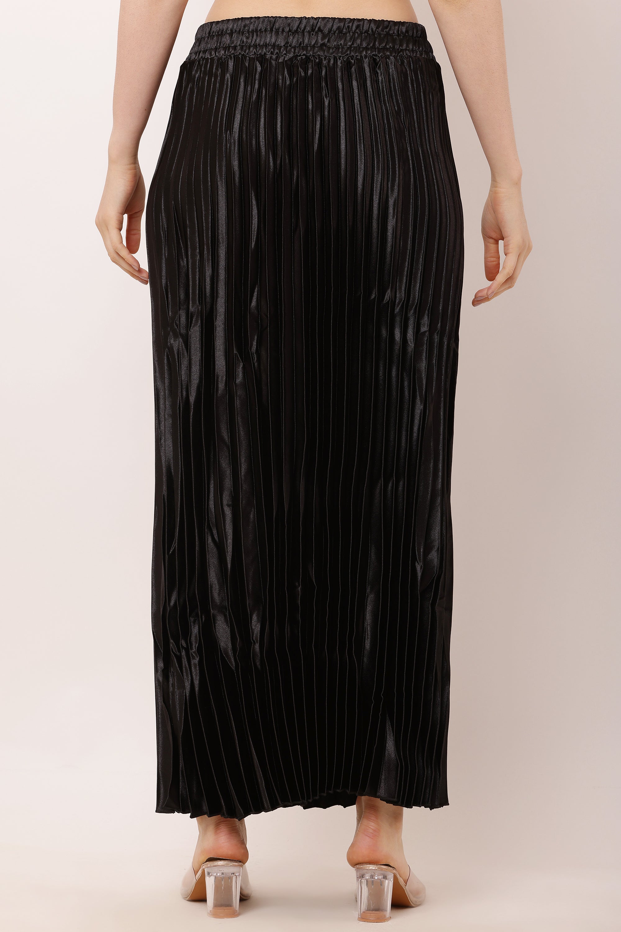 Elegant Black Pleated Satin Maxi Skirt