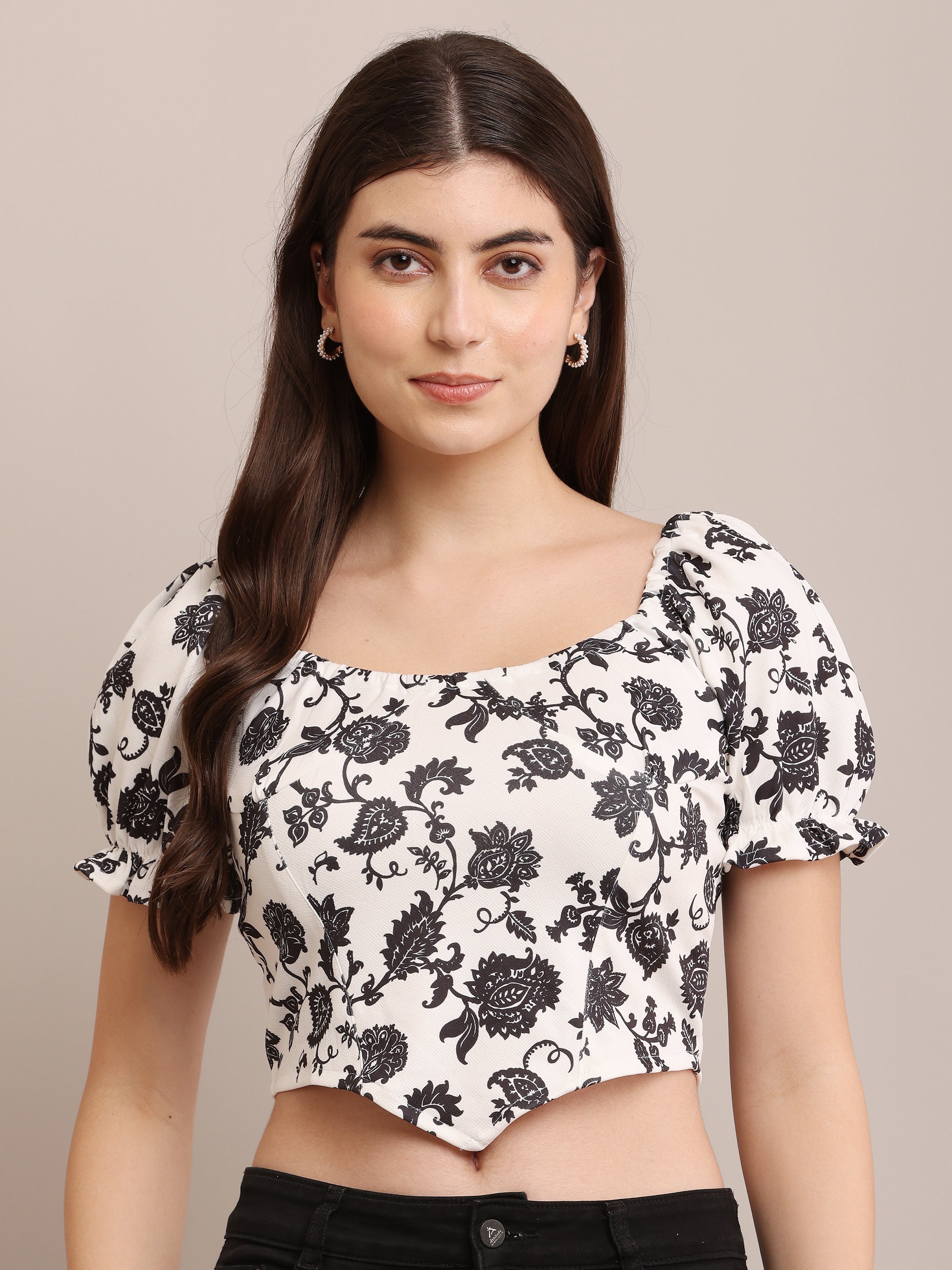 Floral Print Puff Sleeve Crop Top